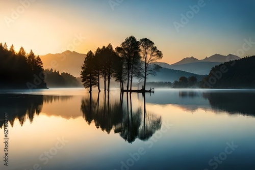 Sunrise with a beautiful moring over the lake surrounded with the mountains covered with the snow