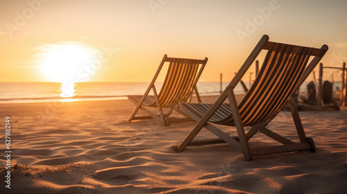 Lounge chairs on the beach with sunset view