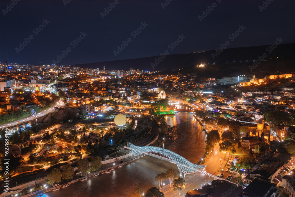 Drone aerial view of night Tbilisi downtown