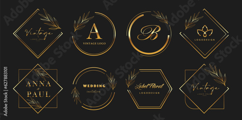 Set of logo emblems with floral elements. Golden Badges for brand label. Wedding gold invitation card frames. Vector illustration ESP10
