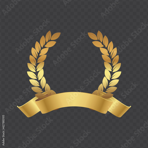Vector gold laurel with ribbon. Golden laurel wreath frame with ribbon. First place medal. Award icon, winner emblem. Vector illustration EPS10