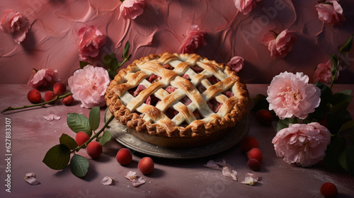 Baked Rhubarb Pie on Romantic Pink and Red Gradient Background with Fresh Flowers - Golden Lattice Crust - Generative AI