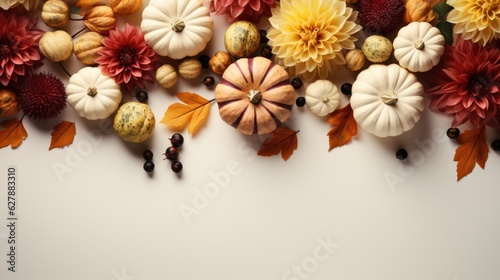 A white table topped with lots of different types of pumpkins. Autumn, Thanksgiving decor.