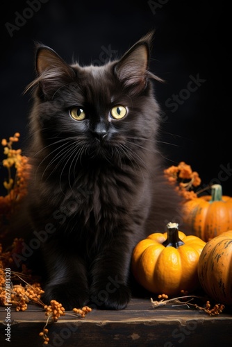 A black cat sitting in front of a pile of pumpkins. Halloween decor.