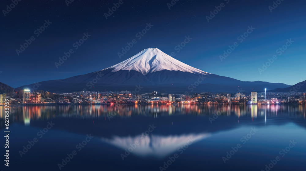 Landscape picture Fuji mountain with reflection in lake. 