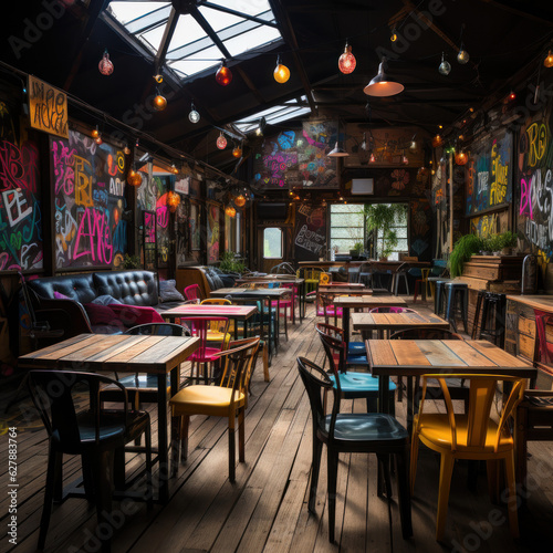  photo of a funky cafe with graffiti walls
