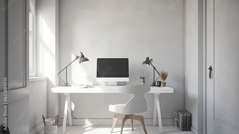 Coastal minimal style white home office setup workspace, Scandi interior design, AI generated