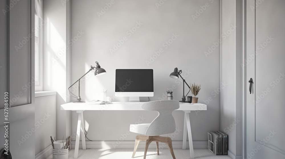 Coastal minimal style white home office setup workspace, Scandi interior design, AI generated Coastal minimal style white home office setup workspace, Scandi interior design, AI generated