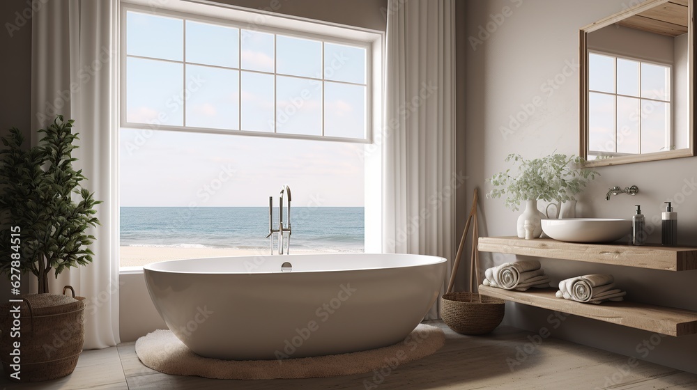 Coastal modern style bathroom with ocean view, Scandi interior design, AI generated Coastal modern style bathroom with ocean view, Scandi interior design, AI generated