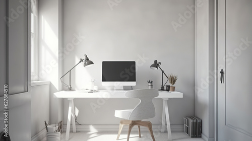 Coastal minimal style white home office setup workspace, Scandi interior design, AI generated © NoLimitStudio