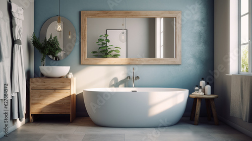 Coastal modern style blue bathroom with houseplant, Scandi interior design, AI generated