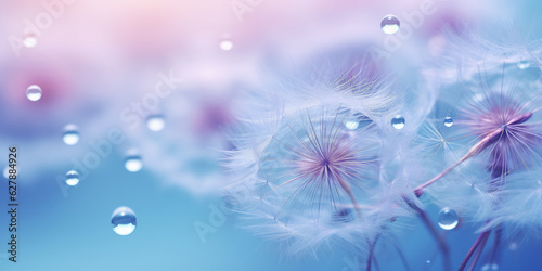 Beautiful dew drops on a dandelion seed macro. Beautiful soft light blue and violet background created with AI 