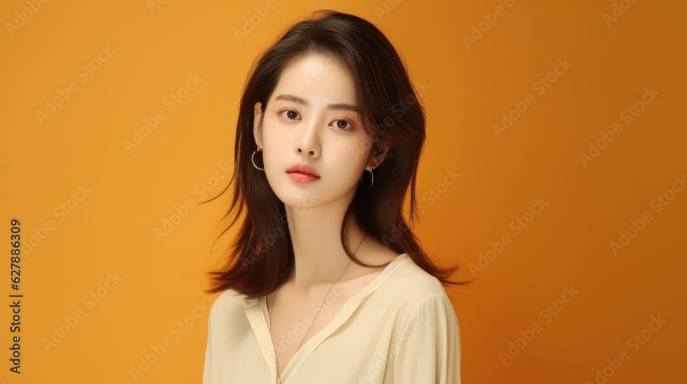 Fototapeta premium Korean Girl portrait shot against plain color paper background