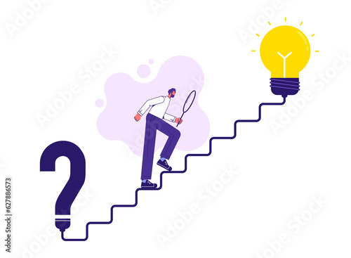 Problem solving  finding solution to solve problem  answer question  creativity or imagination  Man finding solution  on stair connect question mark to lightbulb solution