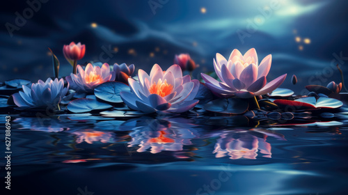 Fototapeta Naklejka Na Ścianę i Meble -  Lotus Flowers on Dark Blue Water A Symmetrical Composition AI Generated