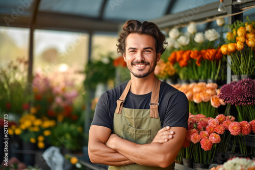 Obraz na plátně A handsome young male florist gardener posing in greenhouse