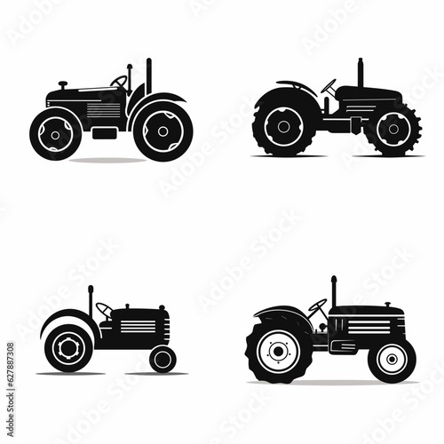 Simple 2d black silhouette Vintage , black accents, flat, sharper, white background, vector , antique tractor silhouette