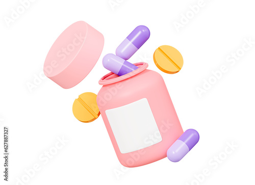 3D Open floating bottle with pills and capsules. Pharmacy drug health tablet. Medical treatment concept. Pink and purple. Cartoon creative design icon isolated. 3D Rendering
