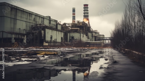 a apocalyptic photo view on the chernobyl nuclear power plant after the catastrophe in 1986 in the ukraine ussr. old soviet ruins. Generative AI photo