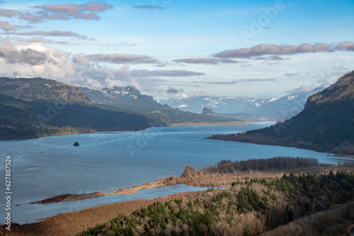 View of Columbia River and Mountains of Columbia River Gorge, OR