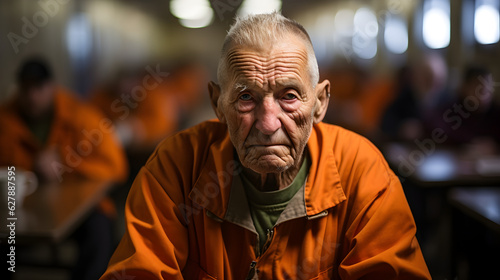Fotografia An elderly criminal sits at the prison. Generative AI