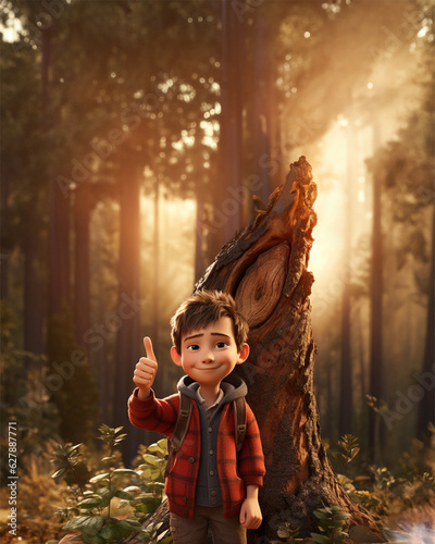 boy with thumb up, near a tree, 3d cartoon style. Environmentalist image, climate change