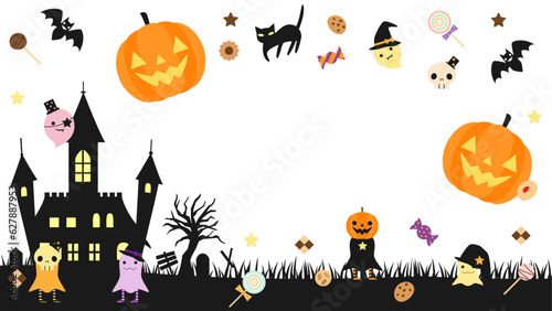 お化けやお菓子などをちりばめたハロウィンのカード　アスペクト比16：9バージョン