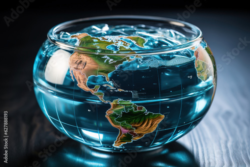 A world map in blue liquid inside a glass container on a wooden table