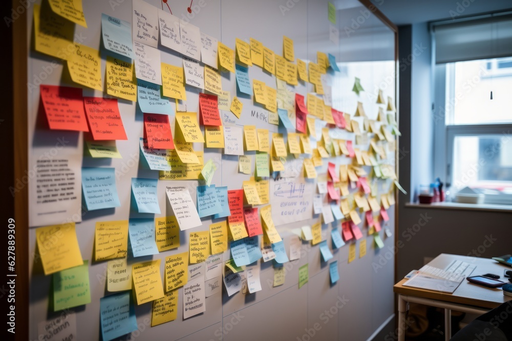 Organized Chaos Busy Office with a Wall of Postit Notes Filled with