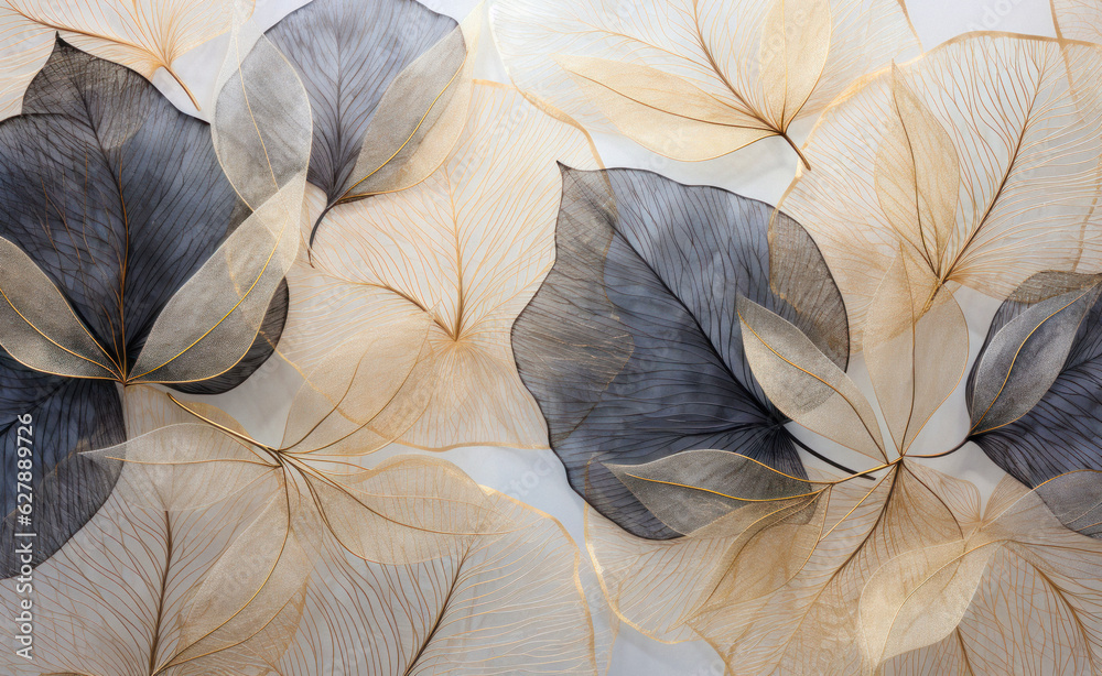 Golden leaves wall art. Illustration of golden and gray colored leaves