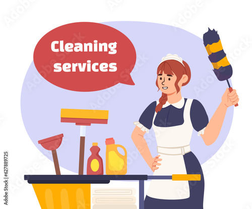 Cleaning services concept. Woman in apron with broom cleans room or apartment from dust. Cleanliness and hygiene, household chores and routine. Detergent and broom. Cartoon flat vector illustration