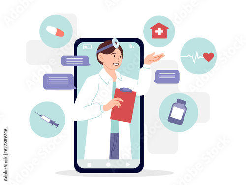 Doctor online concept. Man in medical uniform on screen of smartphone, telemedicine. Diagnosis and treatment. Young guy with drugs, pills and medicines. Cartoon flat vector illustration