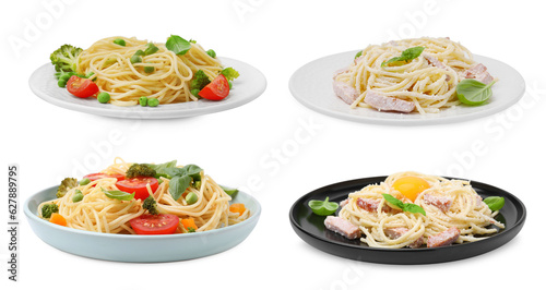 Set of different pasta dishes isolated on white