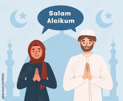 Translation from arabic peace to you. Muslim people greeting. Man and woman in traditional oriental clothingn. Religion Islam. Western asian holiday and festival. Cartoon flat vector illustration photo