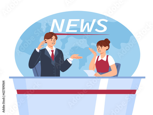 News in tv concept. Man and woman sit in studio and tell information. Television show hosts and anchors, mass media. Newscasters discuss about latests news. Cartoon flat vector illustration