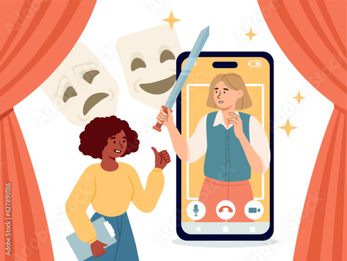 Woman with online cast concept. Theatrical performance and choice of actors. Art and creativity. Video call and modern technologies. Knights choice. Cartoon flat vector illustration