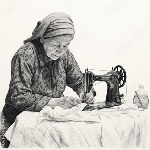 Elderly lady sews with an antique sewing machine