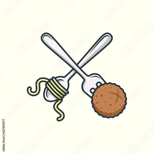Logo Illustration of Spoon and Fork with Noodle and Meatball for Bakso Indonesian Street Food Logo Design Concept.
