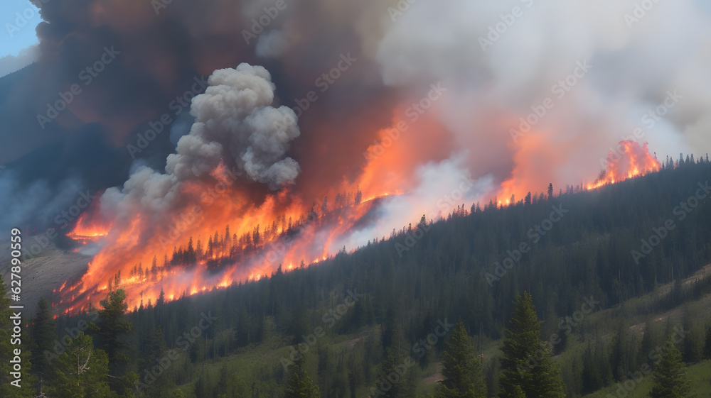 Fototapeta premium 山火事、燃える森｜Wildfire, burning forest. Generative AI