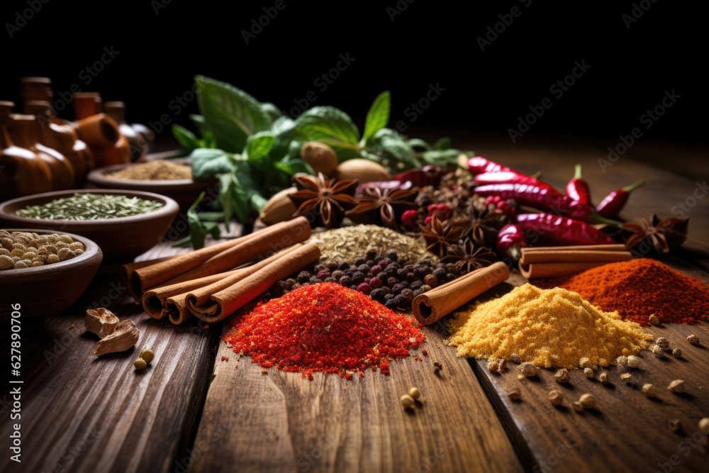 Variety of spices and herbs on a wooden table. ai generative Variety of spices and herbs on a wooden table. ai generative