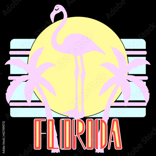 Florida Graphic for T-Shirt prints. Vintage 90s style emblem. Retro summer palm trees with flamingo