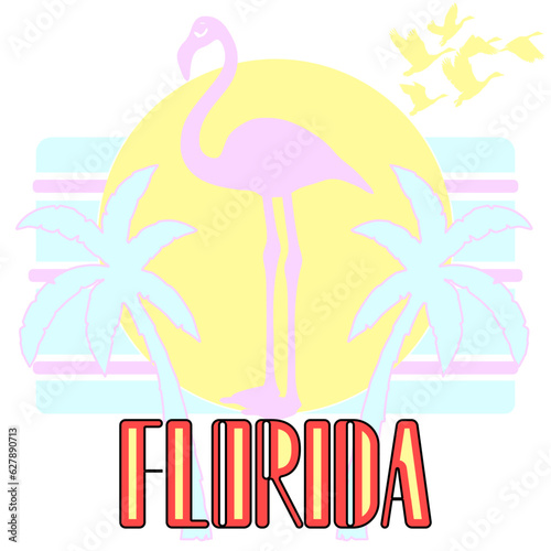 Florida Graphic for T-Shirt prints. Vintage 90s style emblem. Retro summer palm trees with flamingo