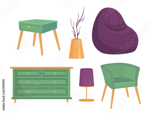 Set of furniture for house. Chair, nightstand and table lamp. Comfort and coziness in apartment. Aesthetics and elegance. Cartoon flat vector collection isolated on white background