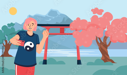 Woman travel in Japan concept. Young girl takes selfie against backdrop of sakura. Traditional Asian tree with pink leaves, mountains. Beautiful natural landscape. Cartoon flat vector illustration