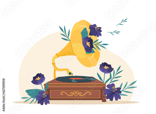 Vintage music concept. Vinyl record on gramophone with lilac flowers. Aesthetics and elegance, luxury. Retro player for musical files, music and songs. Cartoon flat vector illustration