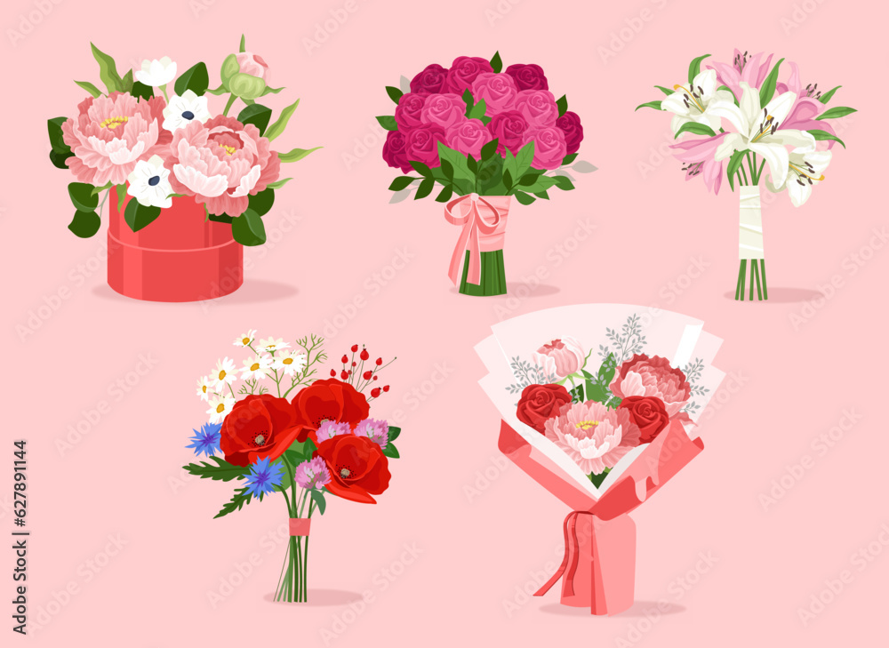 Obraz premium Set of wedding bouquets concept. Beautiful colorful flowers in wrapping paper. Valentines day and wedding anniversary, romantic gift. Cartoon flat vector collection isolated on pink background