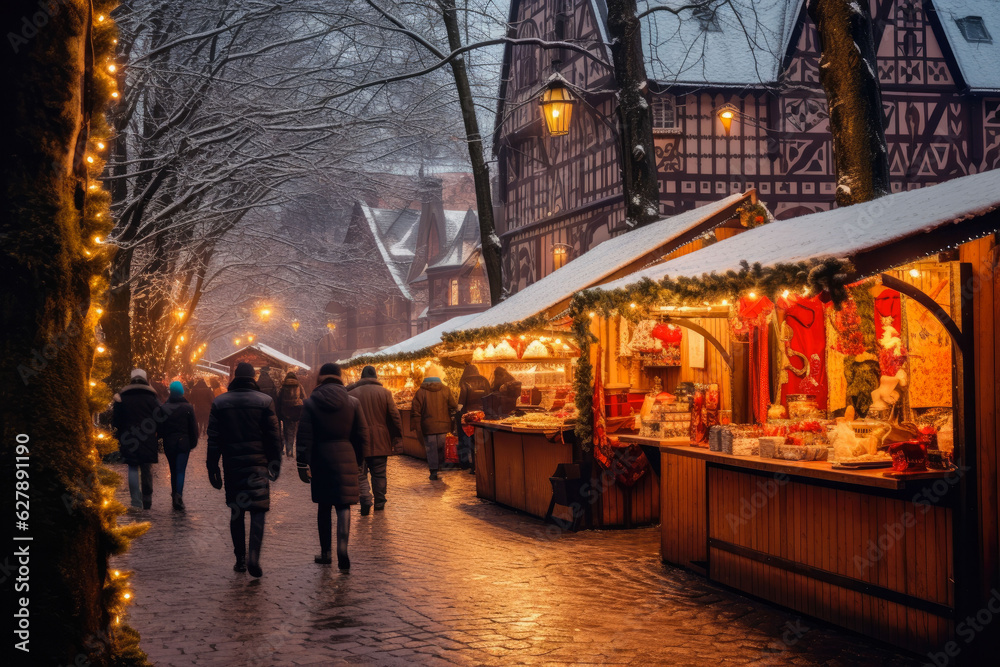 Enjoying Christmas Market, people walking in the street and standing near stalls