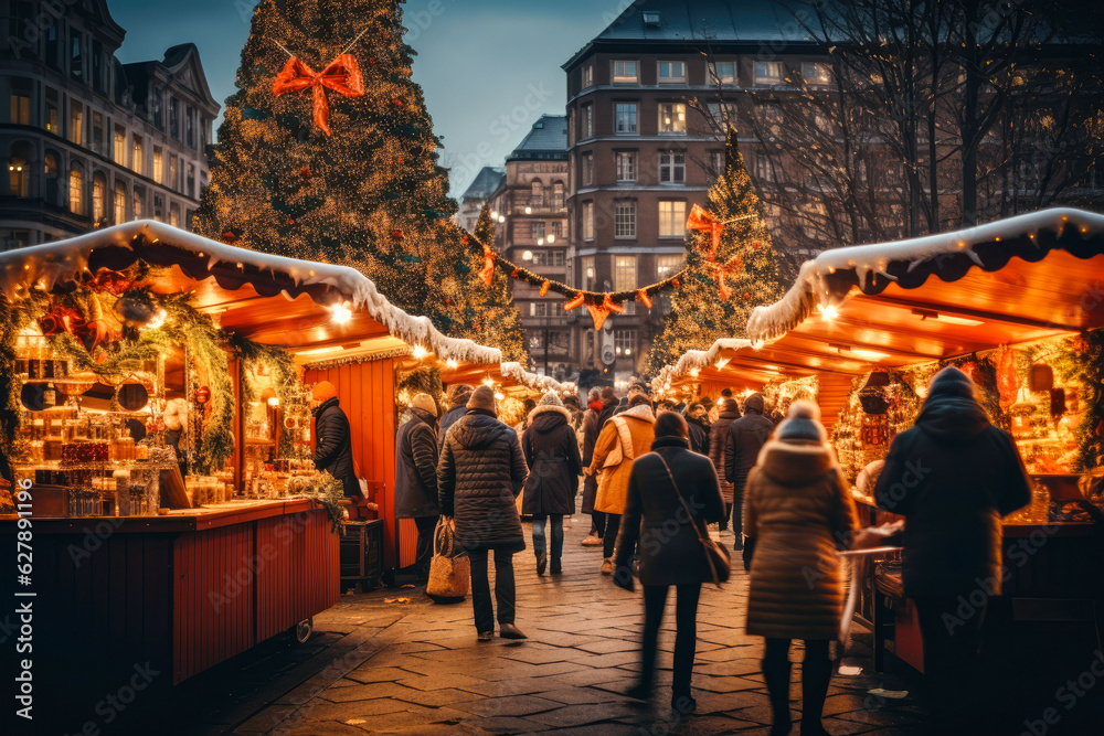 Enjoying Christmas Market, blurred people in the streets and near stalls - obrazy, fototapety, plakaty 