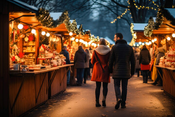 Enjoying Christmas Market, a couple walking near stalls