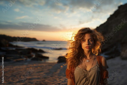 Portrait of a beautiful woman illuminated with sunset light on the beach. Generative AI.